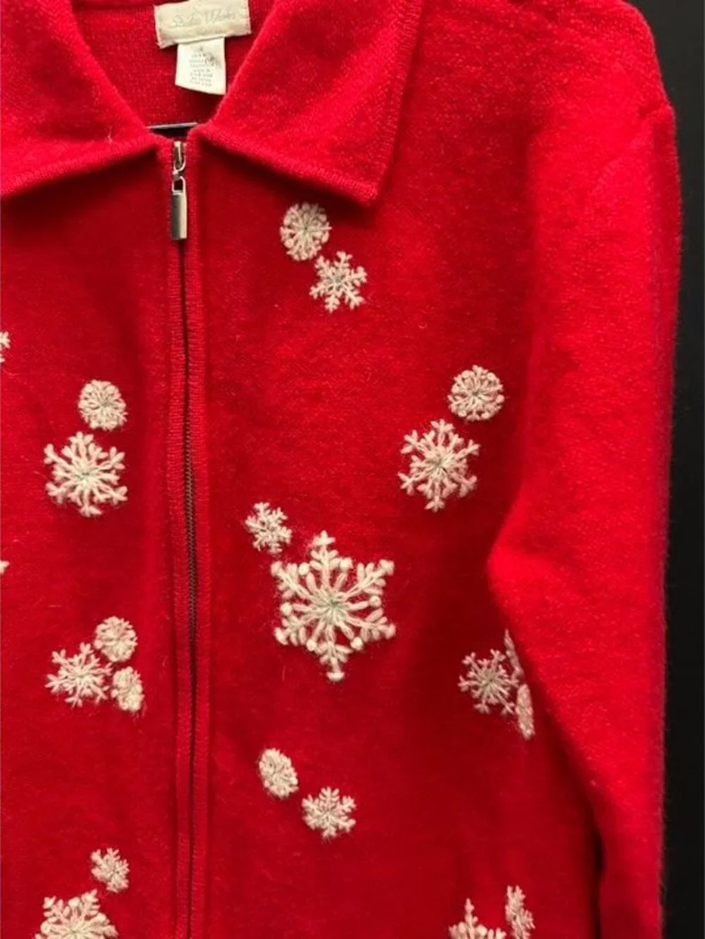 Studio Works Red Snowflake Wool Full Zip Sweater